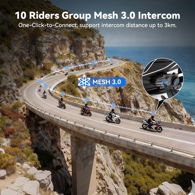 Alt view image 2 of 5 - XGP X10 10 Riders Group Mesh Motorcycle Intercom, 3000m Motorcycle Bluetooth Headset V5.3 with Audio Multitasking, Helmet Communication Systems with Hi-Fi Speakers for ATV/Snowmobile, 2 Pack, Grey