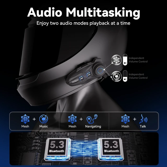 Alt view image 4 of 5 - XGP X10 10 Riders Group Mesh Motorcycle Intercom, 3000m Motorcycle Bluetooth Headset V5.3 with Audio Multitasking, Helmet Communication Systems with Hi-Fi Speakers for ATV/Snowmobile, 2 Pack, Grey