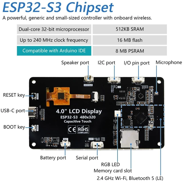 Alt view image 3 of 5 - Freenove ESP32 Display ESP32-S3 CYD 4.0 Inch 320x480 IPS Touch Screen