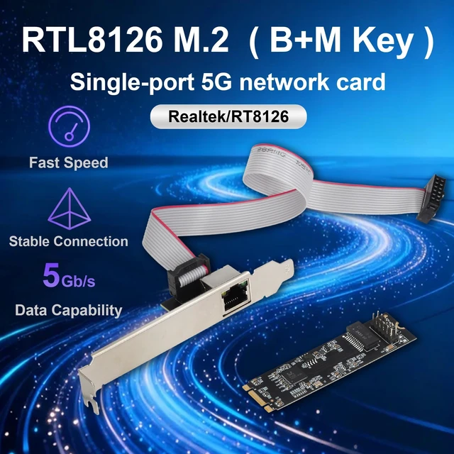 Alt view image 2 of 5 - M.2 2280 5Gbps Ethernet Network Card, Realtek RTL8126 Chip, B+M Key, 5 Gigabit RJ45 LAN Adapter, Multi-Gigabit 5G/2.5G/1G/100M/10Mbps, for Windows/Linux