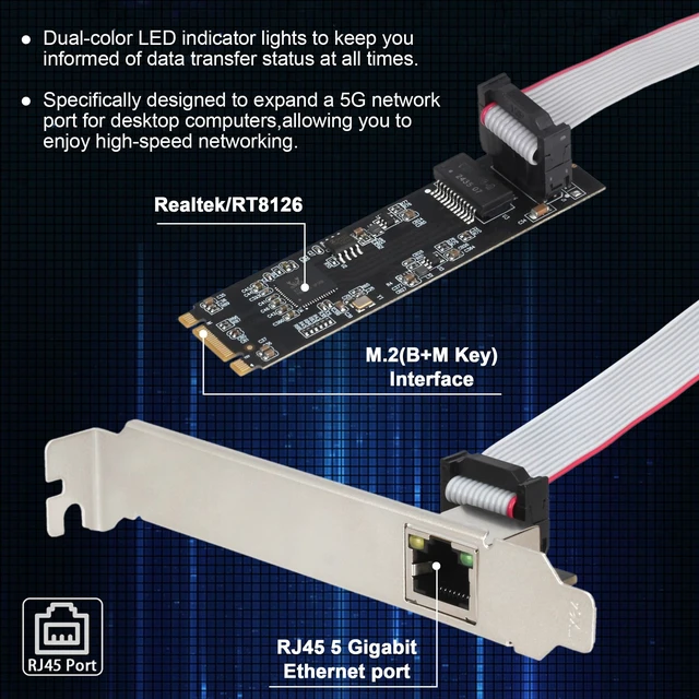 Alt view image 4 of 5 - M.2 2280 5Gbps Ethernet Network Card, Realtek RTL8126 Chip, B+M Key, 5 Gigabit RJ45 LAN Adapter, Multi-Gigabit 5G/2.5G/1G/100M/10Mbps, for Windows/Linux