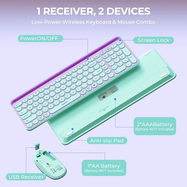 Alt view image 5 of 5 - seenda CTU-301 Bluetooth Keyboard and Mouse Combo for iPad,Green&Purple