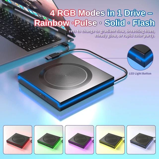 Alt view image 3 of 5 - LEDLight External DVD CD Drive,USB-A&USBC Optical Disc Reader Writer