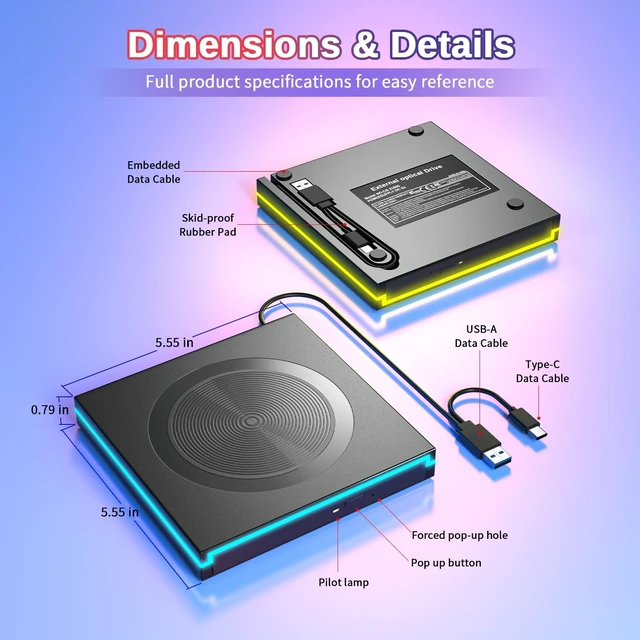 Alt view image 5 of 5 - LEDLight External DVD CD Drive,USB-A&USBC Optical Disc Reader Writer
