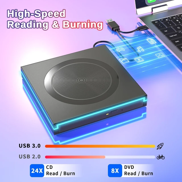 Alt view image 2 of 5 - LEDLight External DVD CD Drive,USB-A&USBC Optical Disc Reader Writer