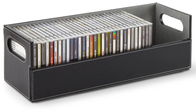Main image of Stock Your Home CD Storage Box, Organizer Shelf for Movie Cases, DVDs, Cassette Tape Display Stand, Disc Holder Can Store Up to 40 CDs, Faux Leather (Black)