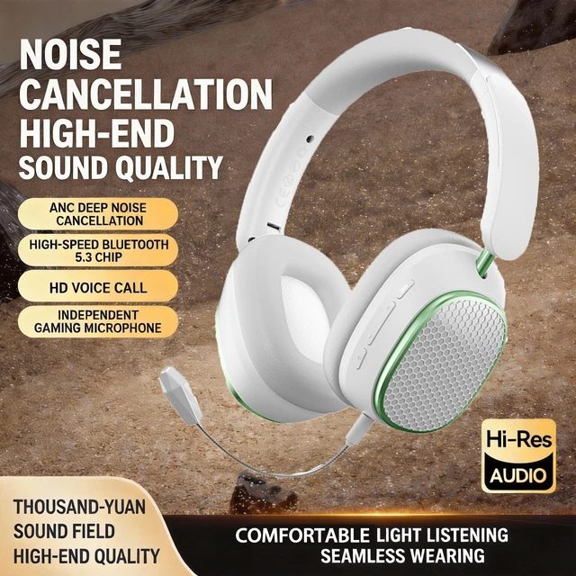 Alt view image 3 of 5 - FJHBL Wireless Bluetooth Headphones with Active Noise Cancelling (Up to 48dB),60H Playtime,Hi-Res Audio,40mm Drivers,Spatial Sound,Foldable,Detachable Mic(Wired/Wireless Use),M12 White.