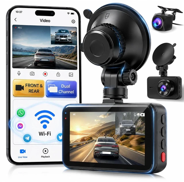 Main image of Volxcereo 4K Dash Cam, 3" Screen Car Camera with Built-in WiFi, G-Sensor