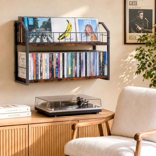 Alt view image 2 of 5 - PAPAGIFTREE 2-Tier CD Storage Rack for Wall Mount, CD Holder with Display