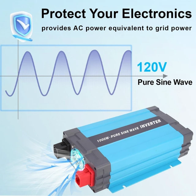 Alt view image 4 of 5 - 24V Pure Sine Wave Power Inverter 1000W DC 24V to AC 120V with 2*AC Outlets, 5V/1A USB Port for RV Car Emergency etc.