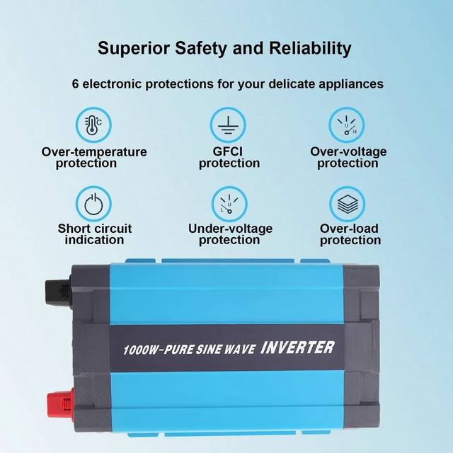 Alt view image 5 of 5 - 24V Pure Sine Wave Power Inverter 1000W DC 24V to AC 120V with 2*AC Outlets, 5V/1A USB Port for RV Car Emergency etc.