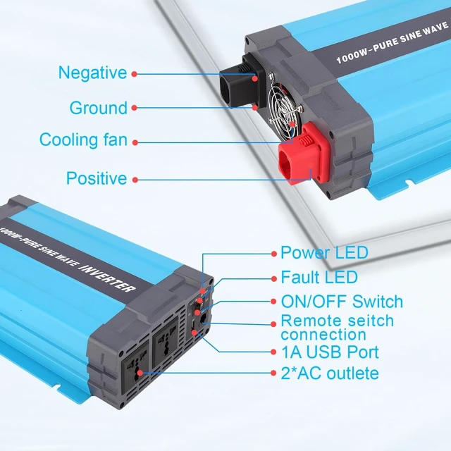 Alt view image 2 of 5 - 24V Pure Sine Wave Power Inverter 1000W DC 24V to AC 120V with 2*AC Outlets, 5V/1A USB Port for RV Car Emergency etc.