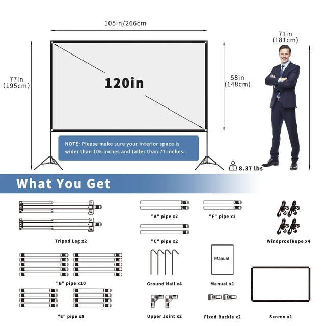Alt view image 3 of 5 - 120inch Projector Screen with Stand, Portable Movie Screen Indoor Outdoor