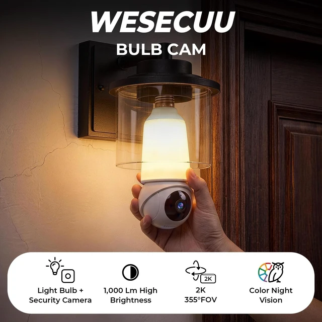 Alt view image 2 of 5 - WESECUU Light Bulb Security Camera -5G& 2.4GHz WiFi 2K Bulb Camera, 1000-Lumen Dimmable LED & Alarm,Two-Way Talk,Color Night Vision,Human Detection, Compatible with Alexa