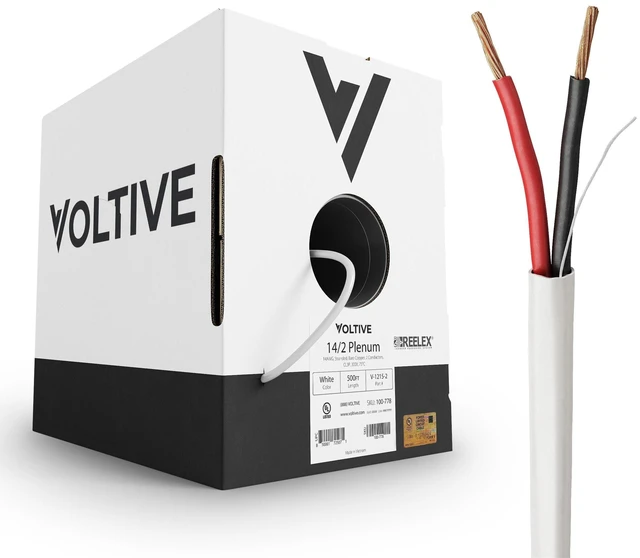 Main image of Voltive 14/2 Speaker Wire, Plenum CL3P, White, 500ft - 14AWG, 2 Conductors, Stranded Oxygen-Free Copper, UL Listed - V-1215-2