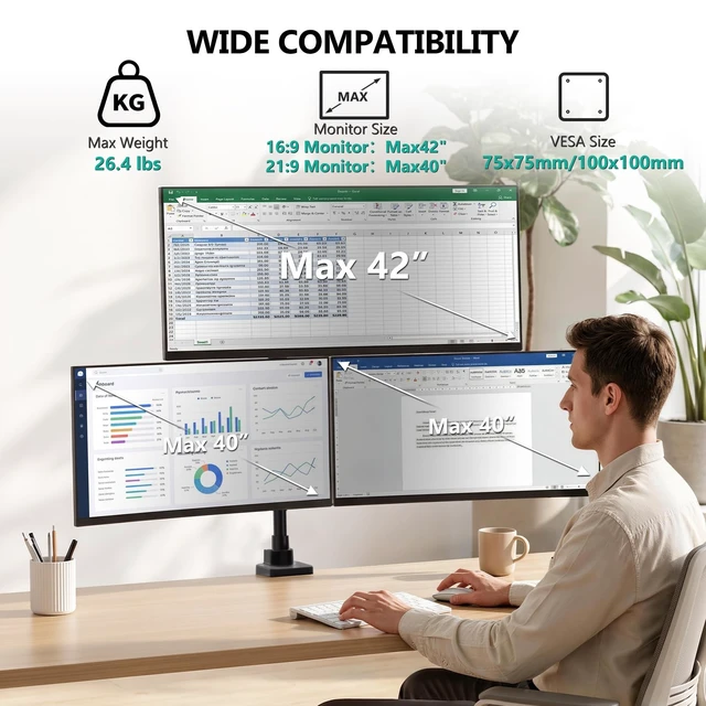 Alt view image 2 of 5 - WALI Stacked Triple Monitor Mount for 13-42 inch Curved Screen, Max 26.4lbs