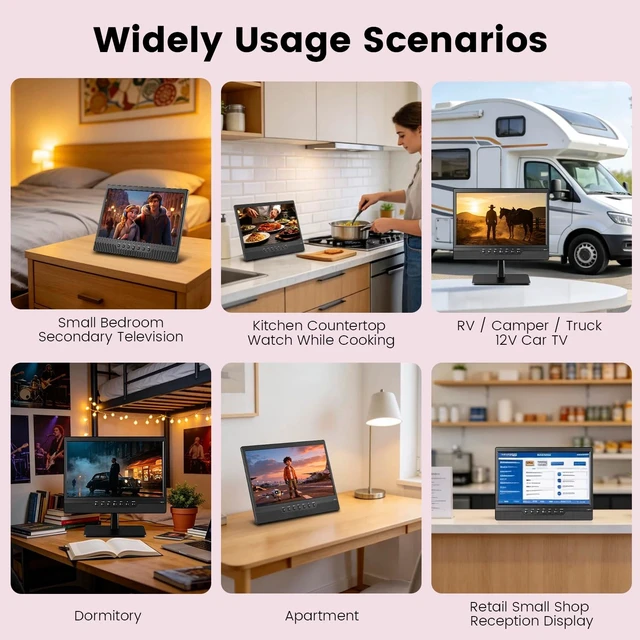 Alt view image 5 of 5 - Jexiop 14inch Small LED HD TV,Built-in ATSC,Dual-Mount Support for Desktop & Wall Mount-HDMI-USB-AV IN-12v/AC Power for RV&Kitchen