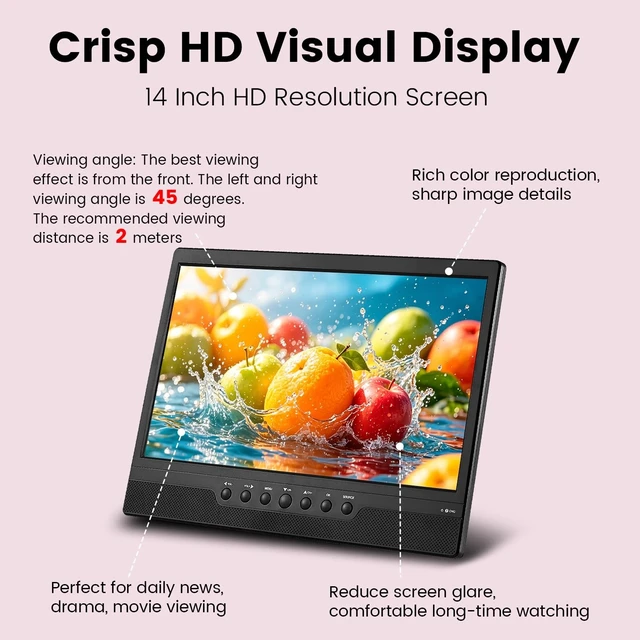 Alt view image 2 of 5 - Jexiop 14inch Small LED HD TV,Built-in ATSC,Dual-Mount Support for Desktop & Wall Mount-HDMI-USB-AV IN-12v/AC Power for RV&Kitchen