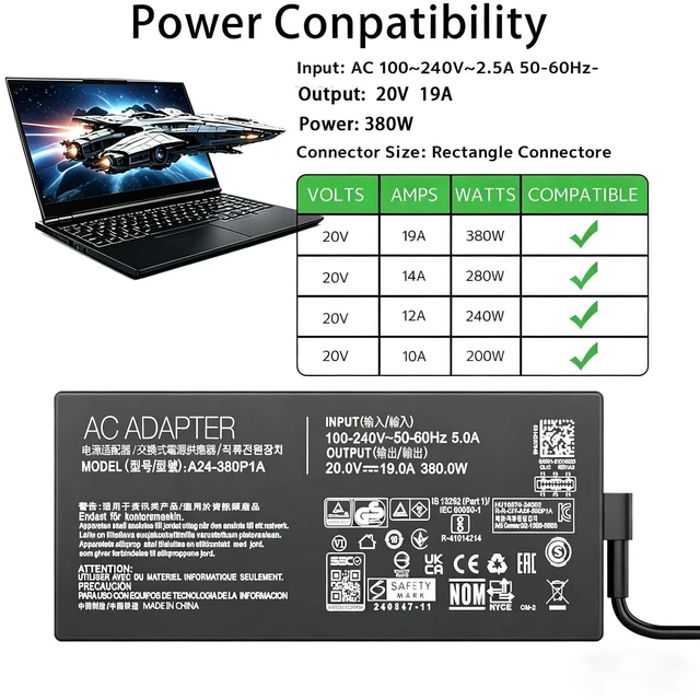 Alt view image 4 of 5 - 380W 20V 19A Laptop Charger for ASUS ROG Strix Scar G16 G18 ADP-380AB B