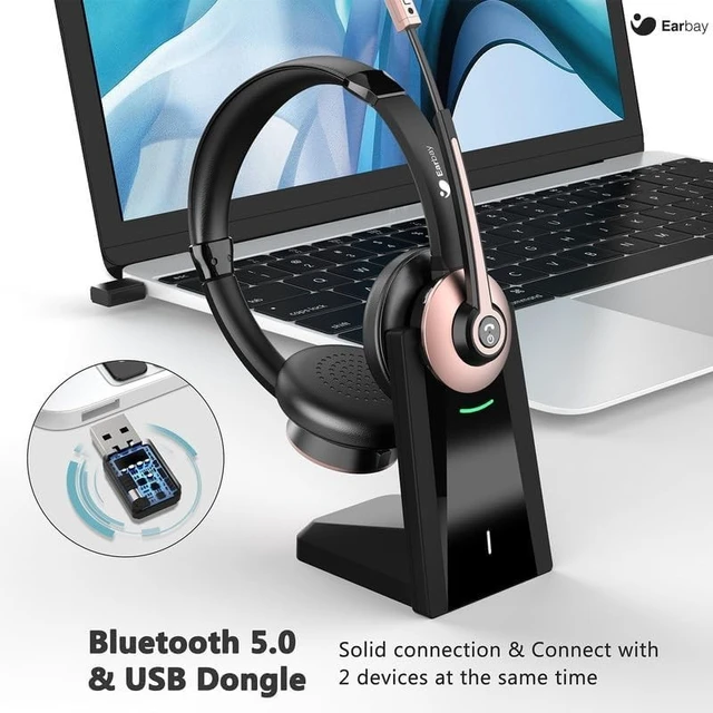 Alt view image 3 of 5 - Earbay Wireless Headset, Bluetooth Headphones with Microphone Noise Canceling & Mute, Wireless Headset with Mic USB Dongle/Charge Dock for PC Computer Phone Work Office Meetings Call Tea