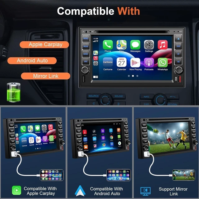 Alt view image 2 of 5 - Double Din Car Stereo Radio with CD/DVD Player, Voice Control Carplay & Android Auto, 7 inch Car Audio with HD Touchscreen, Bluetooth, Mirror Link, Backup Camera, SWC, FM/AM, USB/SD, A/V Input