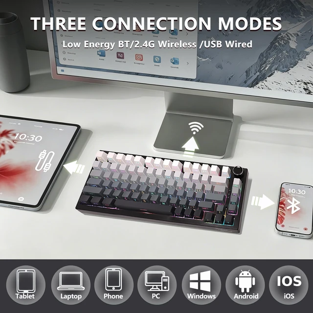 Alt view image 3 of 5 - Adventurers Wireless Mechanical Keyboard,2.4GHz/Type-C/BT5.0,8000mAh