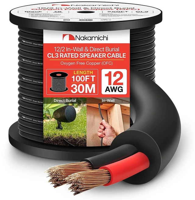 Main image of Nakamichi 12/2 (100-Foot) in-Wall & Direct Burial (UL CL2 CL3 Rated) Oxygen-Free Copper (OFC) 2-Conductor Speaker Cable Wire, Outdoor In-Ground, in-Ceiling, Riser, Black (12AWG / 100ft / 30.48m)