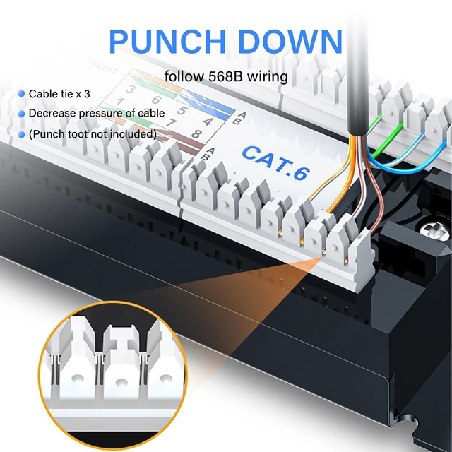 Alt view image 5 of 5 - PNGKNYOCN 10Gbps Cat6 Patch Panel, 24-Port RJ45 Patch Panel for 19" Rackmount or Wall Mount Compatible Cat6, Cat5e, Cat5