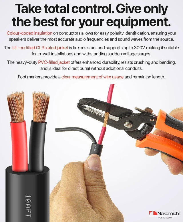 Alt view image 5 of 5 - Nakamichi 12/2 (100-Foot) in-Wall & Direct Burial (UL CL2 CL3 Rated) Oxygen-Free Copper (OFC) 2-Conductor Speaker Cable Wire, Outdoor In-Ground, in-Ceiling, Riser, Black (12AWG / 100ft / 30.48m)