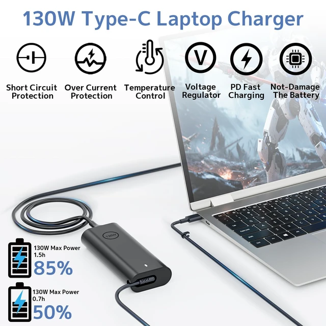 Alt view image 4 of 5 - 130W USB Type C Laptop Charger Compatible with DELL XPS Latitude Precision