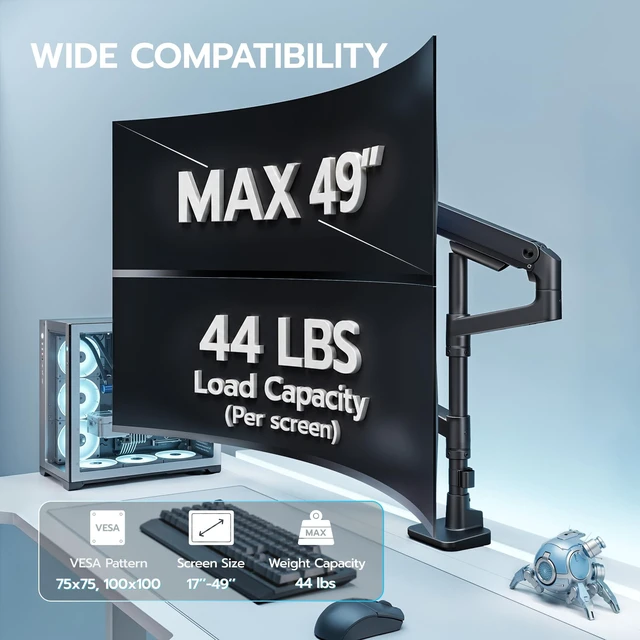Alt view image 2 of 5 - Dual Extra Tall Monitor Arm Desk Mount for 17-49 Inch Monitors, Black