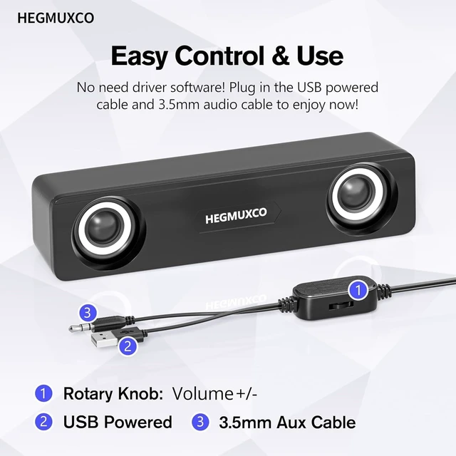 Alt view image 5 of 5 - HEGMUXCO 10W Wired Stereo Speaker Compact PC Speakers for Desktop -, USB Powered, 3.5mm Audio Input, Laptop Expertly Tuned Computer Soundbar