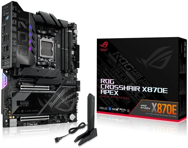 Main image of ASUS ROG Crosshair X870E APEX AMD X870E AM5 ATX Motherboard, Advanced AI PC-Ready, 18+2+2 Stages, DDR5, ROG Memory Fan, ROG DIMM.2 Card, Wi-Fi 7, 5G LAN, 3X M.2, PCIe 5.0, USB4, USB Type-C, AI OC