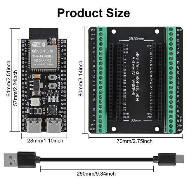 Alt view image 3 of 5 - 3Sets Pack ESP32-S3 N16R8 WiFi BT Terminals Kit 16MB Flash, 8MB PSRAM, 240MHz,WiFi + BT 5.0 LE,Antenna Base with Type-C Cable for Arduino IDE