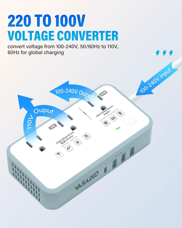 Alt view image 4 of 5 - VASAIKO Voltage Converter US to Europe, 220V to 110V Converter for European Travel with 3 AC 2 USB-C 2 USB-A Ports, and EU/UK/AU/IT European Travel Plug Adapter