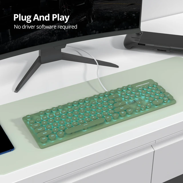 Alt view image 3 of 5 - Vumilstek Wired Retro Typewriter Keyboard, Quiet Computer Keyboard Light up with Full Size 104 Round Keys Blue LED Backlit Slim Silent for Windows PC Laptop(Dark Green)