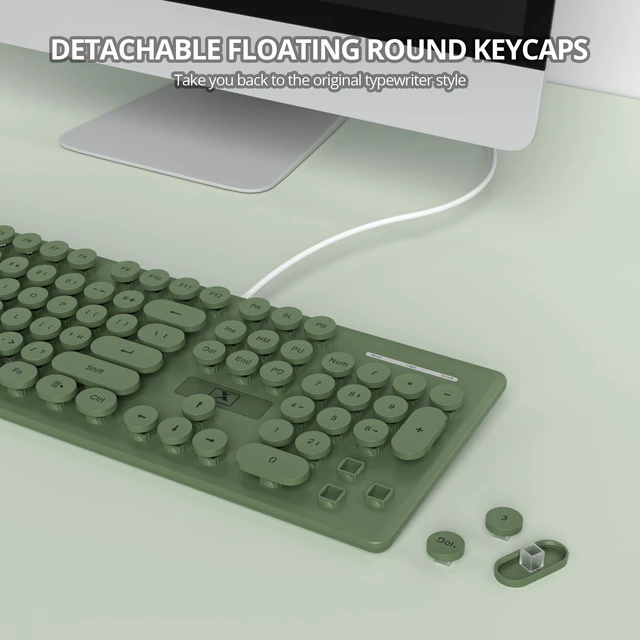 Alt view image 4 of 5 - Vumilstek Wired Retro Typewriter Keyboard, Quiet Computer Keyboard Light up with Full Size 104 Round Keys Blue LED Backlit Slim Silent for Windows PC Laptop(Dark Green)