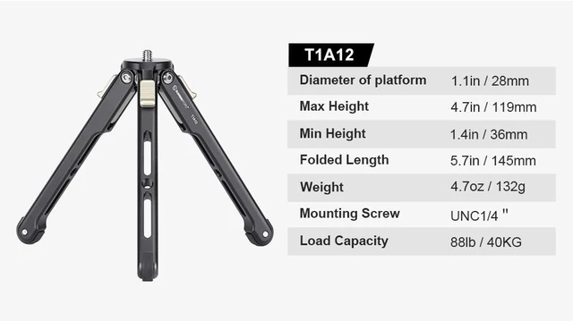 Alt view image 5 of 5 - SUNWAYFOTO Table Top Mini Aluminum Tripod T1A12 Tabletop 3 Leg Lock Angles Sunway