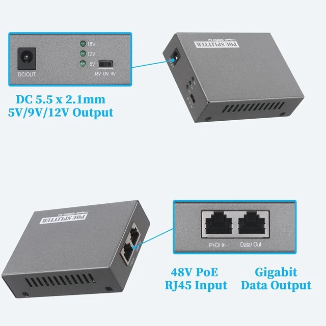 Alt view image 2 of 5 - REVODATA 24W Gigabit PoE Splitter to DC 5V/12V/18V Power Output, IEEE802.3af/at Compliant, 10/100/1000Mbps Speed, for Non-PoE Device up to 100m, Plug and Play (PD6004G-B)