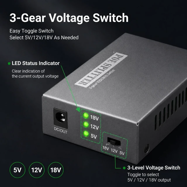 Alt view image 5 of 5 - REVODATA 24W Gigabit PoE Splitter to DC 5V/12V/18V Power Output, IEEE802.3af/at Compliant, 10/100/1000Mbps Speed, for Non-PoE Device up to 100m, Plug and Play (PD6004G-B)