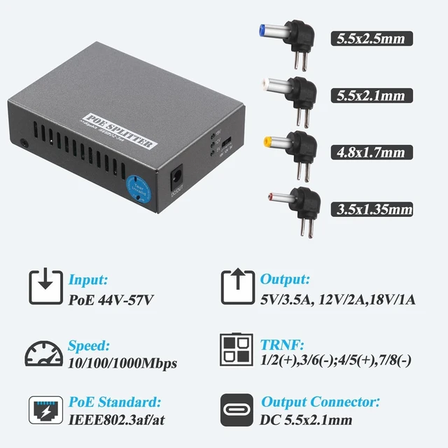 Alt view image 3 of 5 - REVODATA 24W Gigabit PoE Splitter to DC 5V/12V/18V Power Output, IEEE802.3af/at Compliant, 10/100/1000Mbps Speed, for Non-PoE Device up to 100m, Plug and Play (PD6004G-B)