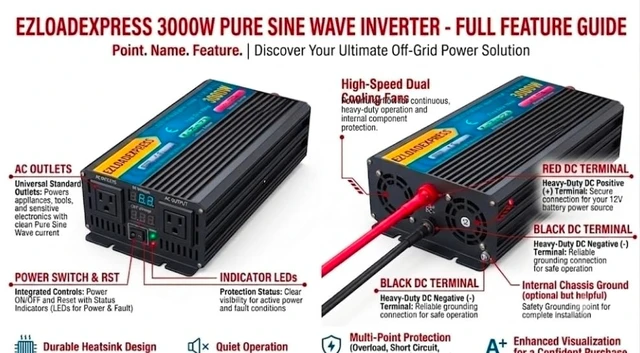 Alt view image 2 of 3 - 5000W Pure Sine Wave Power Inverter 12V DC to 110V 120V AC ^^ Heavy Duty Off-Grid Solar Power Converter with Dual AC Outlets & LED Digital Display for RV, Truck, Boat, and Home Emergency Backup