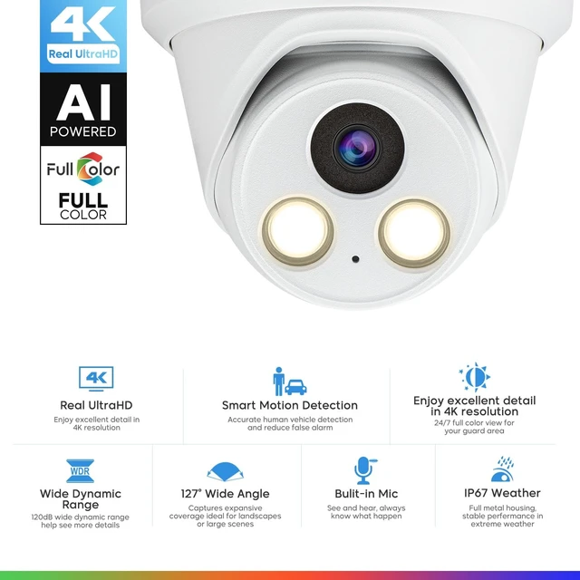 Alt view image 2 of 5 - HITOSINO 4K Full Color PoE IP Camera, 8MP Turret Outdoor Camera with Human/Vehicle Detection, 118 Wide Angle, F1.0, 24/7 Color Night Vision, Mic, H.265+, Metal IP67, Works with HKV