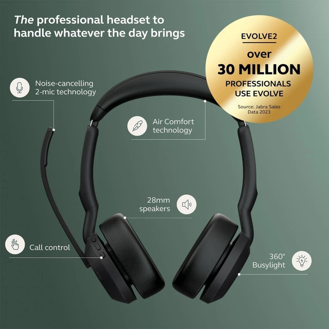 Alt view image 3 of 5 - Jabra Evolve2 55 Stereo Wireless Headset - Features AirComfort Technology, Noise-Cancelling Mics & Active Noise Cancellation - Works with UC Platforms Such as Zoom & Google Meet - Black