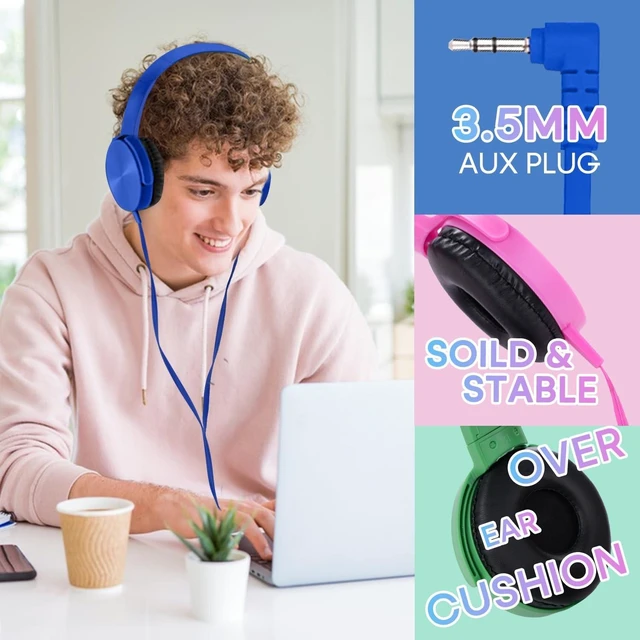 Alt view image 2 of 5 - XOSDA Kids Headphones Bulk 5 Pack for School Classroom Students K-12, Wholesale Wired Durable Headphones for Children Toddler Boys Girls Computer Chromebook Laptop PC (LS450, 5 Mixed)
