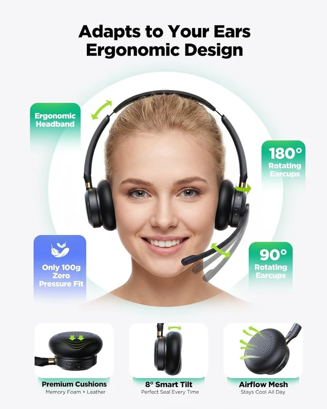 Alt view image 2 of 5 - Wireless Headset with Mic for Work,Bluetooth Headset for Calls & Meetings