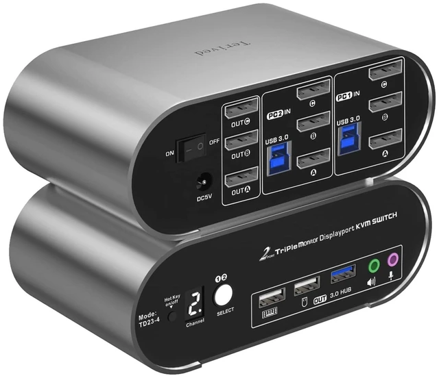 Main image of Terived 2 Computers 3 DP Monitors KVM Switch with Hotkey and Automatic Switching, 4K@144H USB 3.0 Triple Monitor with Audio Microphone, Aluminum, Digital Display HDR10 All Cables Included
