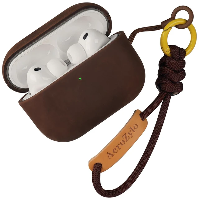 Main image of AeroZylo Genuine Leather Case For AirPods Pro 3(3rd Gen 2025),Crazy Horse distressed leather Vintage Cover Case,Handmade Top,Hard Shell & Rich Patina,Support Wireless Charging (Dark B