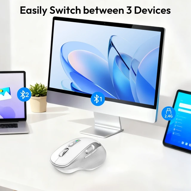Alt view image 3 of 5 - Bnnwa Rechargeable Wireless Mouse with Side Scroll Bluetooth Mouse -White
