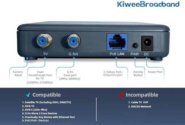 Alt view image 5 of 5 - Kiwee Broadband KB-G3-03 G.hn Wave 2 Coax to Ethernet Adapter Set (2-Pack) with 2.5GbE Port & 30W PoE+ 1.6Gbps Ethernet Over Coaxial Kit for Wi-Fi 6E/7 Access Points, IP Cameras, OTA & Satellite TV